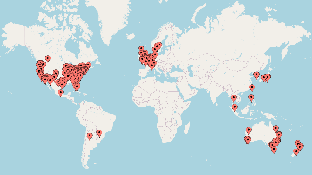 Map showing Castlewood Organs around the world